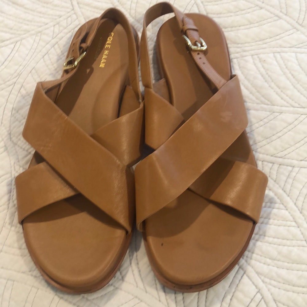 Cole Haan sling back criss cross soft leather sandals. 10. Tan. Gold hardware.